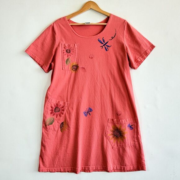 Viva City Vintage Womens Medium Peach Stamped Artsy Artcore Outdoors Shirt Dress - Picture 2 of 9